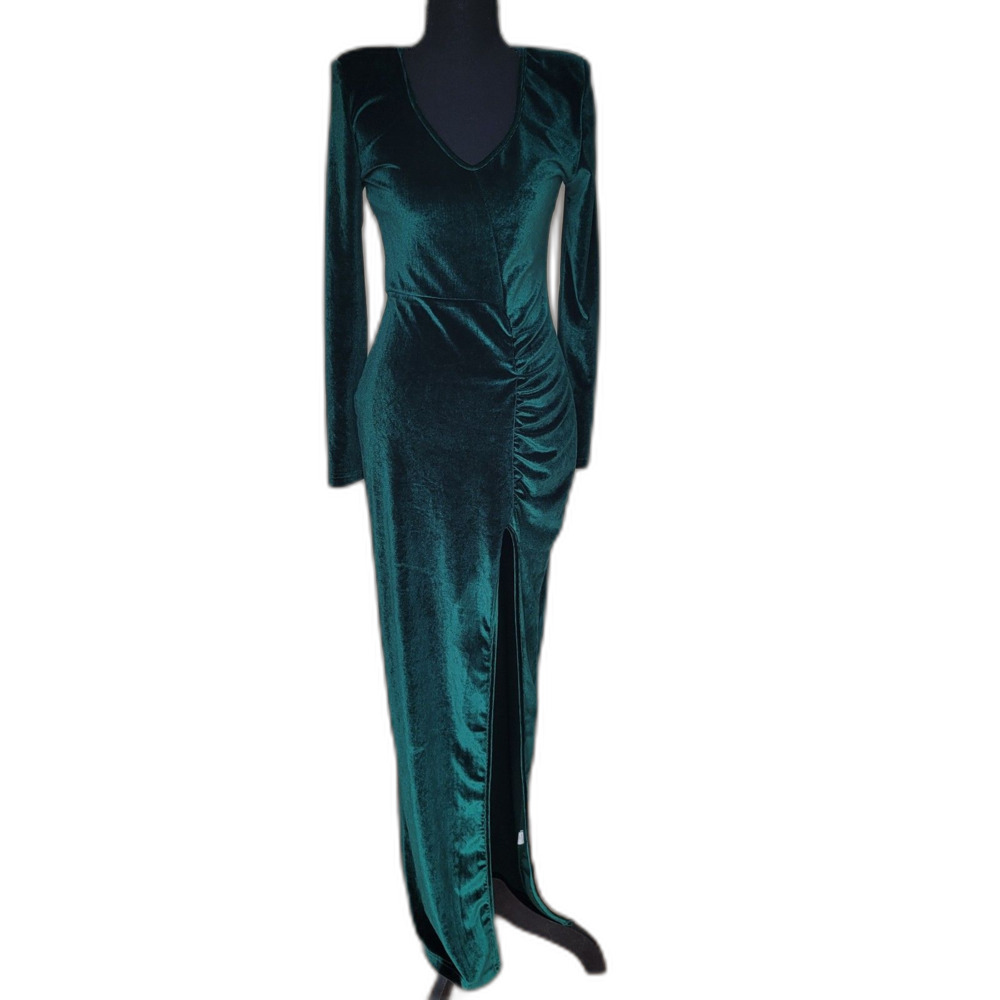 Fashion Nova | Dresses | Fashion Nova Emerald Green 9s Velvet Longsleeve Maxi Dress Ruched High Slit M